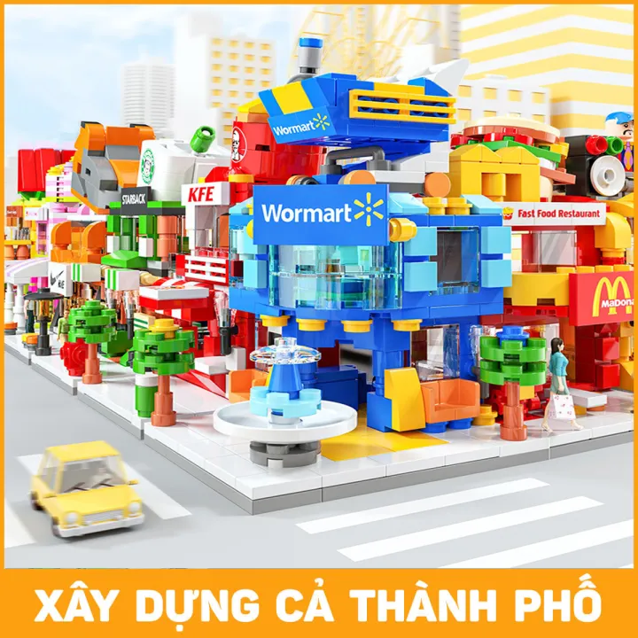 Đồ chơi xếp mô hình thành phố xếp nhà hàng, siêu thị, cà phê thành phố city sáng tạo cho bé gái, trai MySun